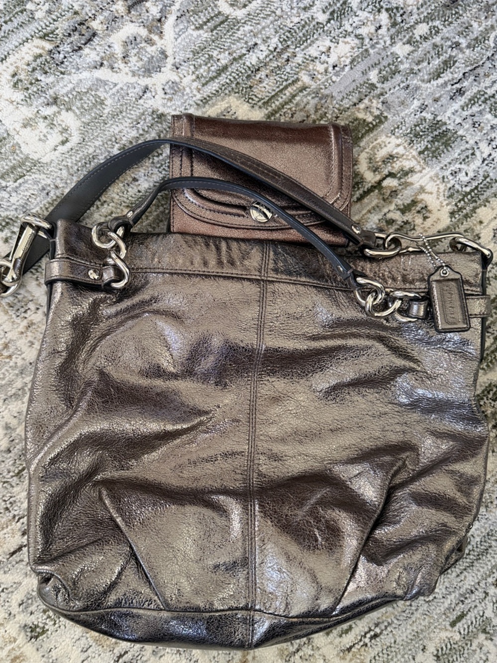 Coach Metallic Gray Leather Shoulder Bag with Chain-Link Accents